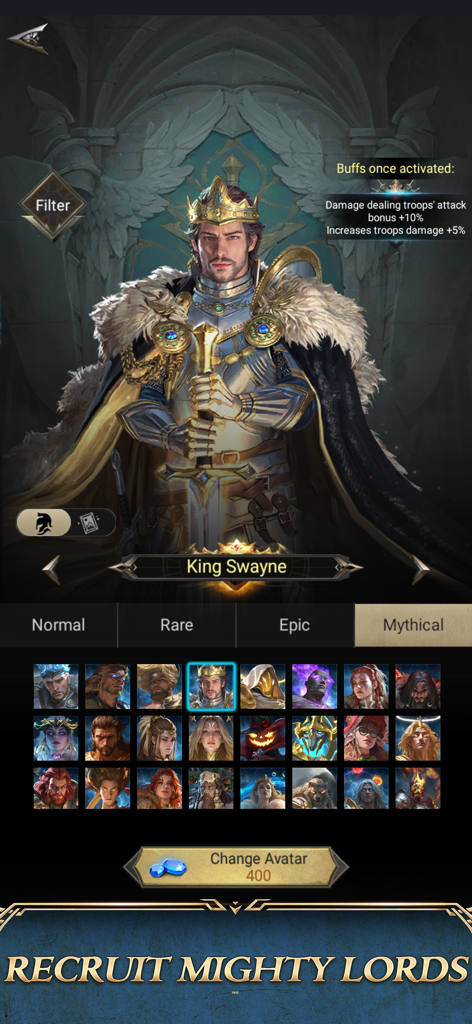 Character selection screen for mythical heroes in Rise of the Kings featuring King Swayne