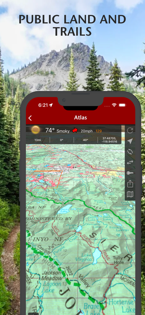 Fires: Wildfire News and Atlas - Topographic map view showing public lands and hiking trails with weather data in the Fires app.