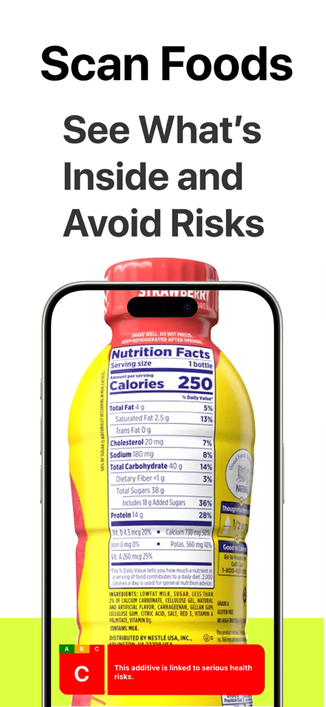 Smartphone using Yucca app to scan a food nutrition label and identify a high risk additive