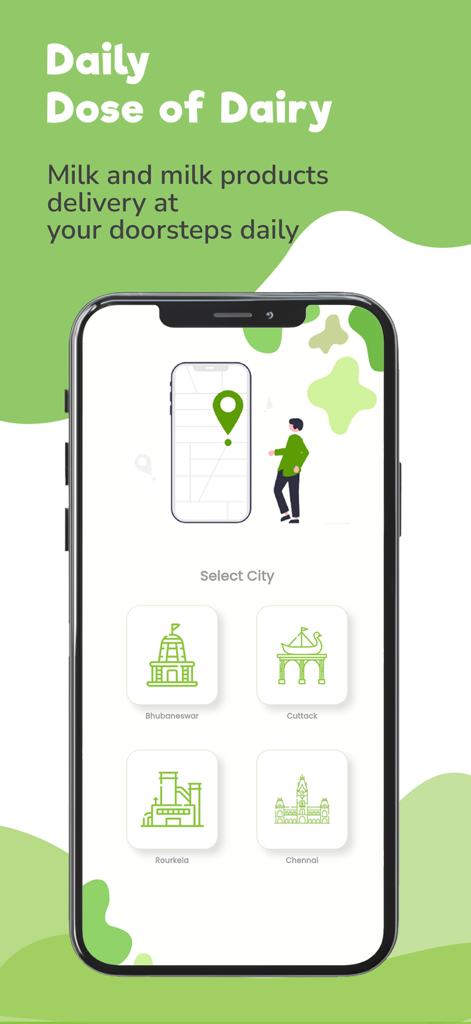 DailyMoo - DailyMoo app interface showing options to select delivery cities for fresh milk and dairy products