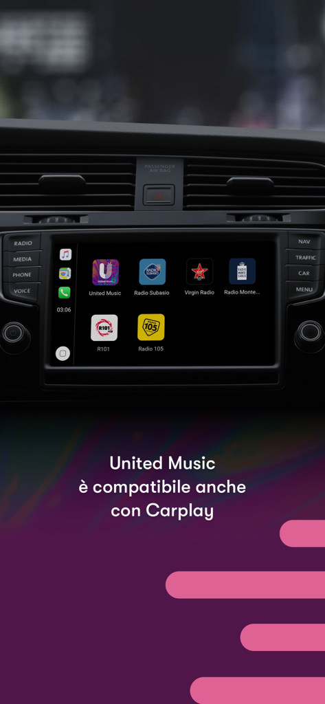 United Music: Musica Gratis - United Music app interface on a car dashboard showing Apple CarPlay compatibility