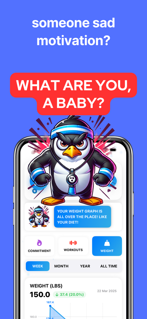 Angry Coach: Get Fit or Yelled - Angry Coach app weight tracking interface with a penguin drill sergeant mascot