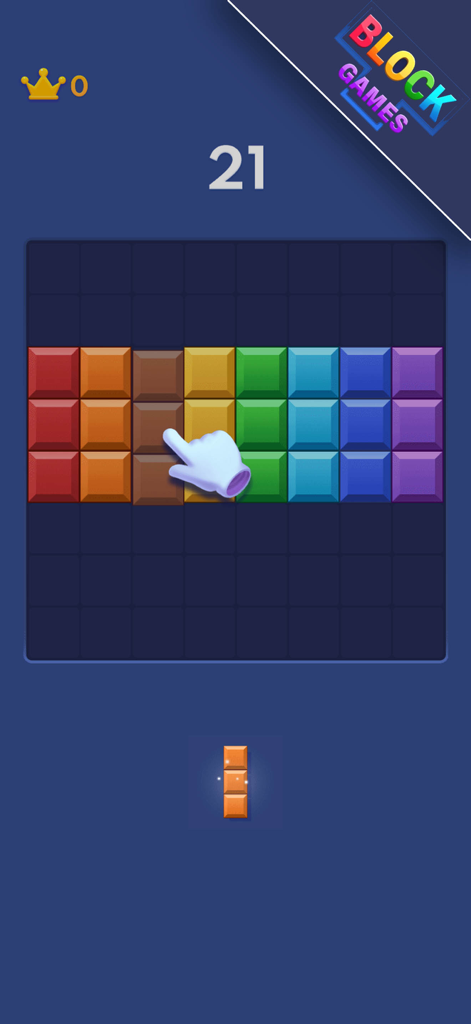 Block Blast - Super Block Game - 블록 블라스트의 게임 플레이로, 손 아이콘이 격자에서 다채로운 블록을 분류하는 모습.