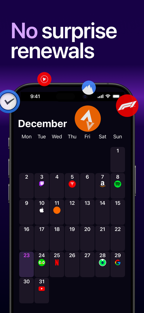Calendario visivo nell'app Orbit che mostra i rinnovi degli abbonamenti imminenti con le icone delle app