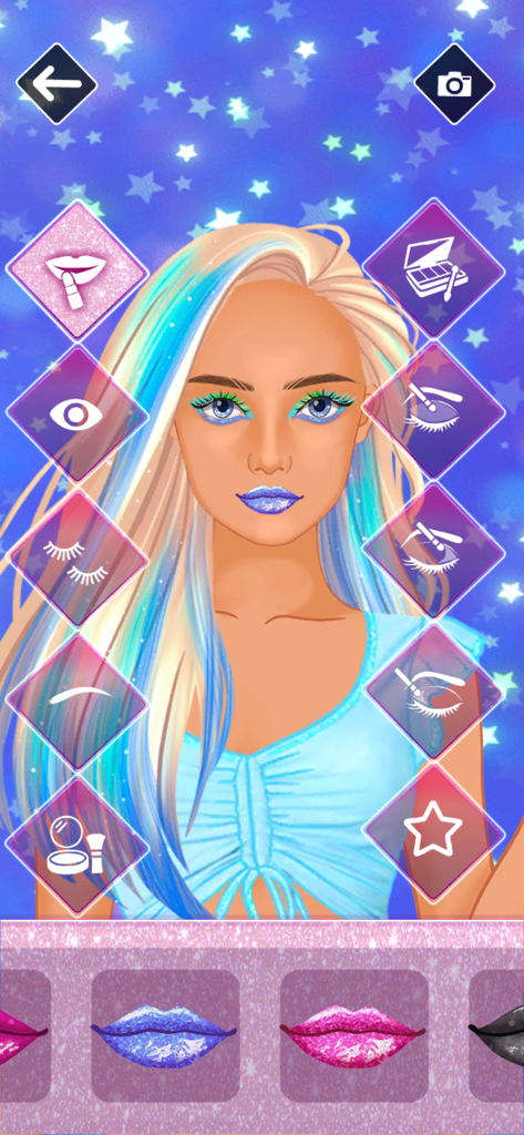 Sparkle Me - Makeover game - Sparkle Meアプリのキャラクターメイクオーバー画面、きらめくリップスティックのオプションとメイクアイコンが表示されています