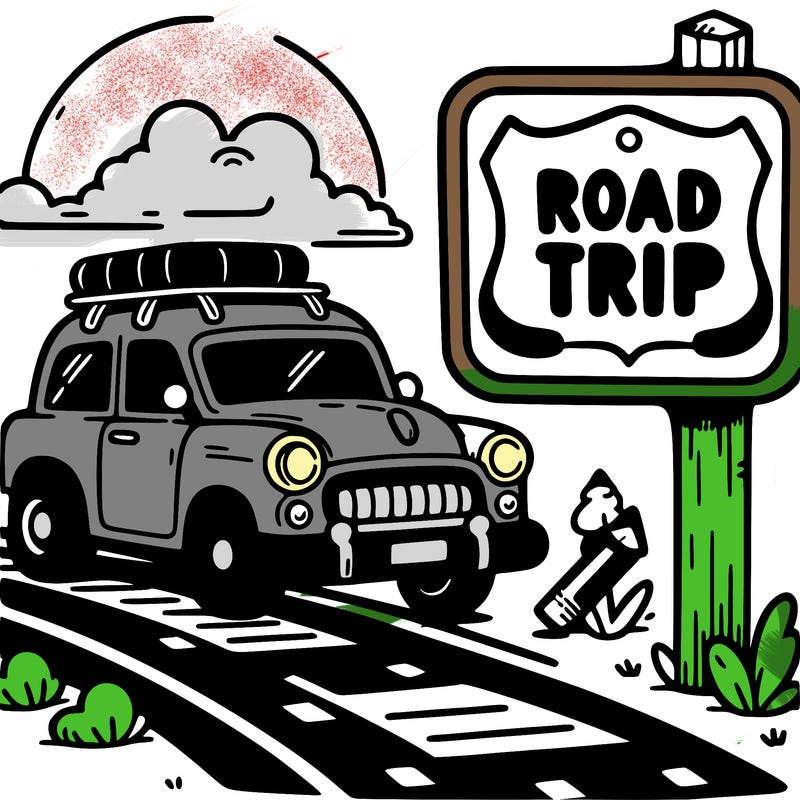 road trip sign with a car
