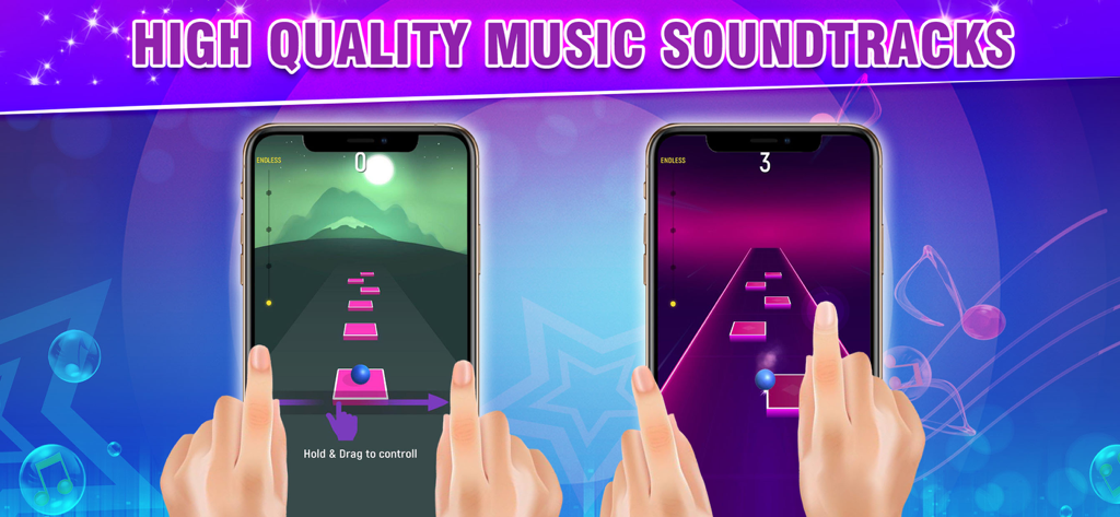 Gameplay of Piano Dance Music Tiles Game showing touch controls and rhythm based tile jumping with music soundtracks