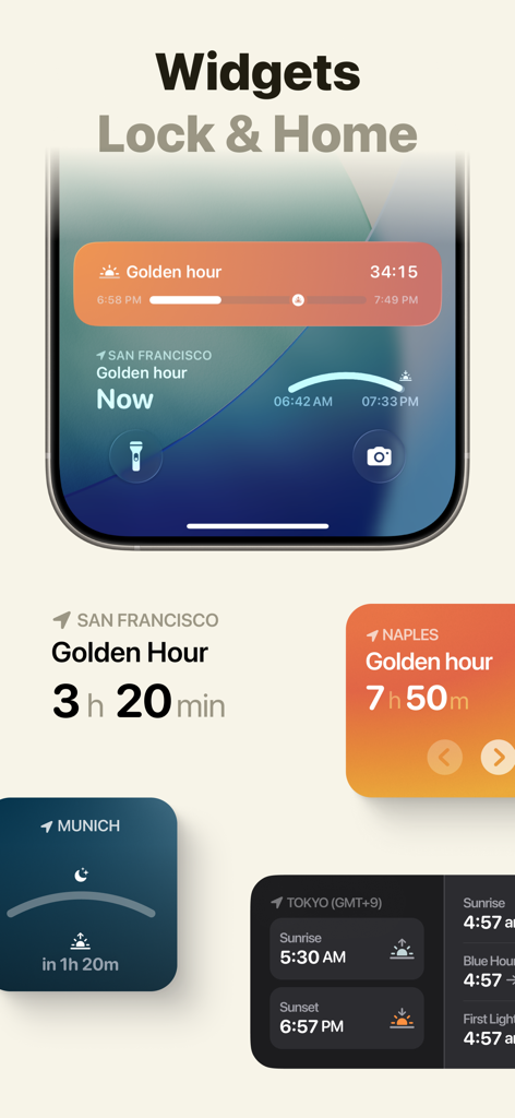 A collection of Sunlitt app widgets for the iPhone lock and home screens displaying golden hour and solar event data