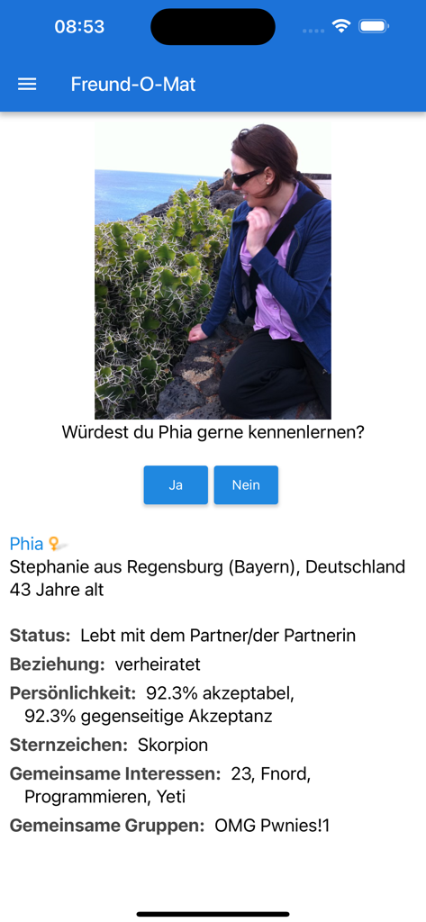 A user profile on the Freund-O-Mat feature of the spin.de chat community app