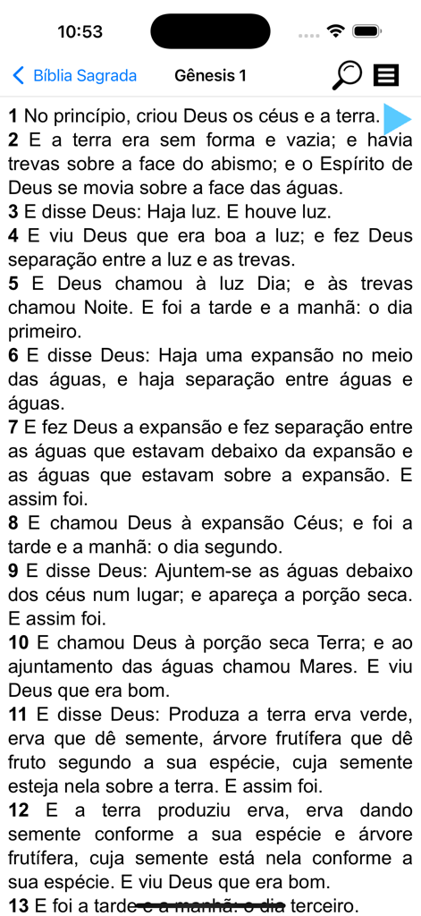 Portuguese Holy Bible app showing the first verses of Genesis
