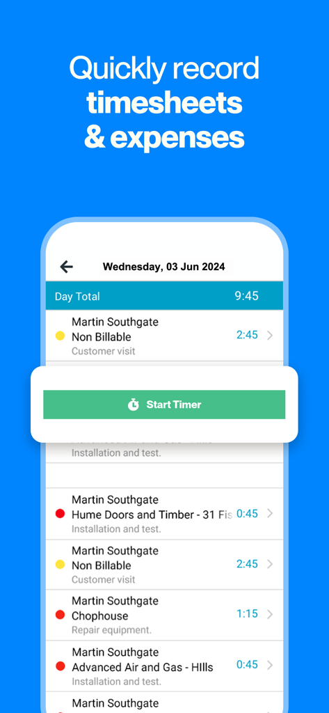Tradify - Quote & Invoice Tool - Tradify mobile App-Oberfläche mit einem täglichen Zeiterfassungs-Protokoll und einem grünen Start-Timer-Button zur Verfolgung von Arbeitszeiten und Ausgaben