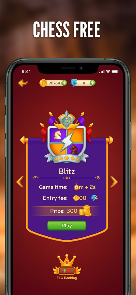 Chess Online - Clash of Kings - Mobile Bildschirm der Chess Online Clash of Kings App, der die Blitz-Spielmodus-Oberfläche mit Eintrittsgeldern und Preisen zeigt