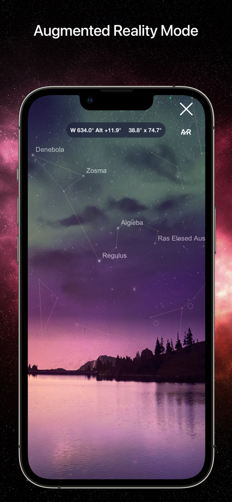 SkySafari 7 Pro - SkySafari 7 Pro augmented reality mode showing labeled constellations over a night sky landscape