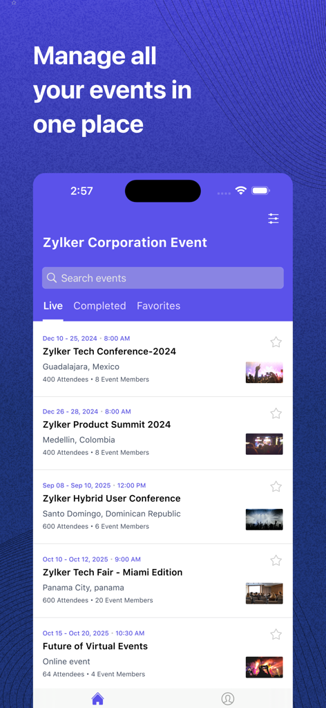 Zoho Backstage for Organizers - Dashboard of Zoho Backstage for Organizers app displaying a list of live corporate events