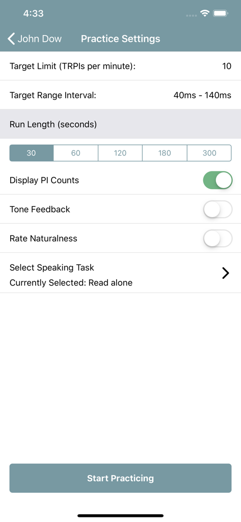 MPI-2吃音治療アプリの練習設定画面、ターゲット間隔と発話タスクの選択が表示されます。