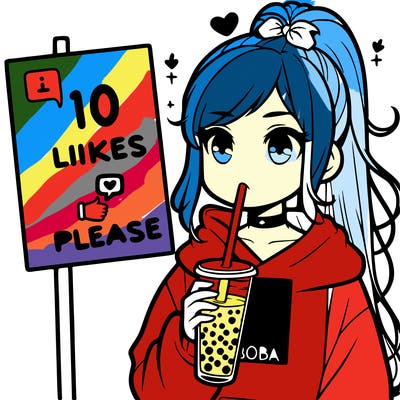 girl with a high ponytail and a hoodie drinking boba staring at a sign saying 10 likes please