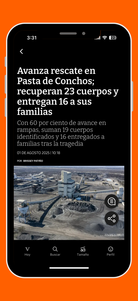 Un artículo de noticias en la aplicación Vanguardia que muestra información sobre eventos locales en Coahuila.