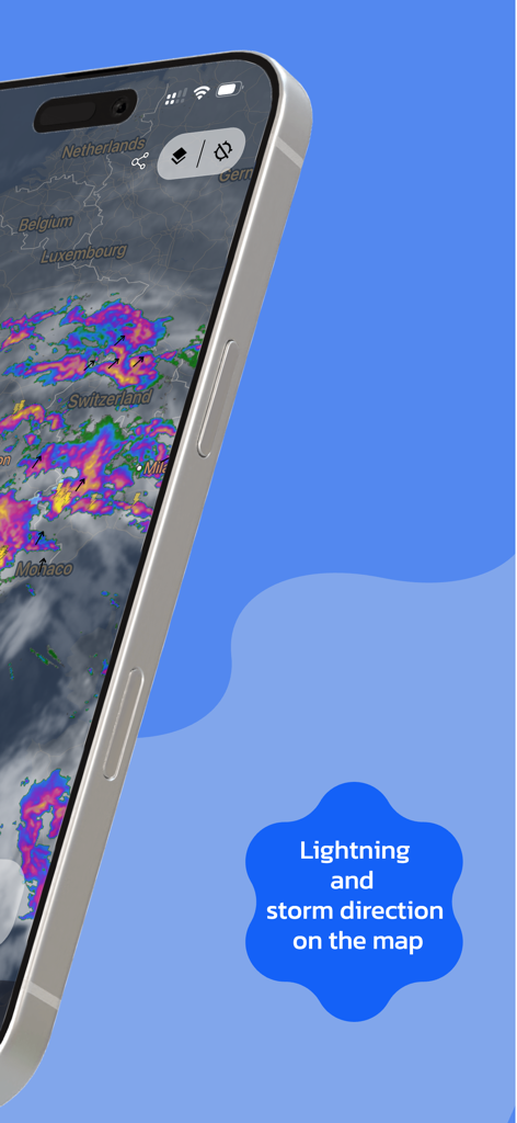 Rain Maps - Pantalla de iPhone que muestra la aplicación Rain Maps con superposiciones en tiempo real de rayos y dirección de la tormenta en un mapa meteorológico europeo.
