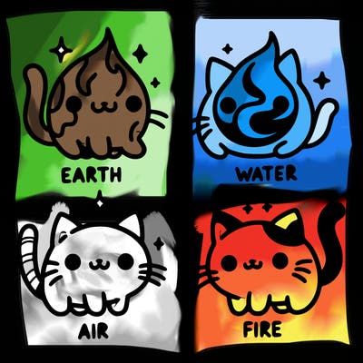 4 cats that represent the different elements, earth, water, air, and fire