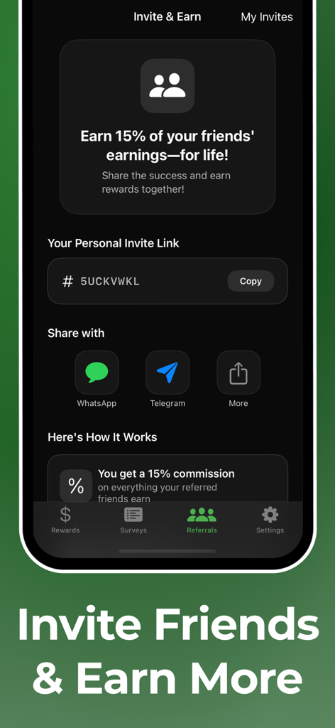 Invite friends and earn more referral screen for the survey app