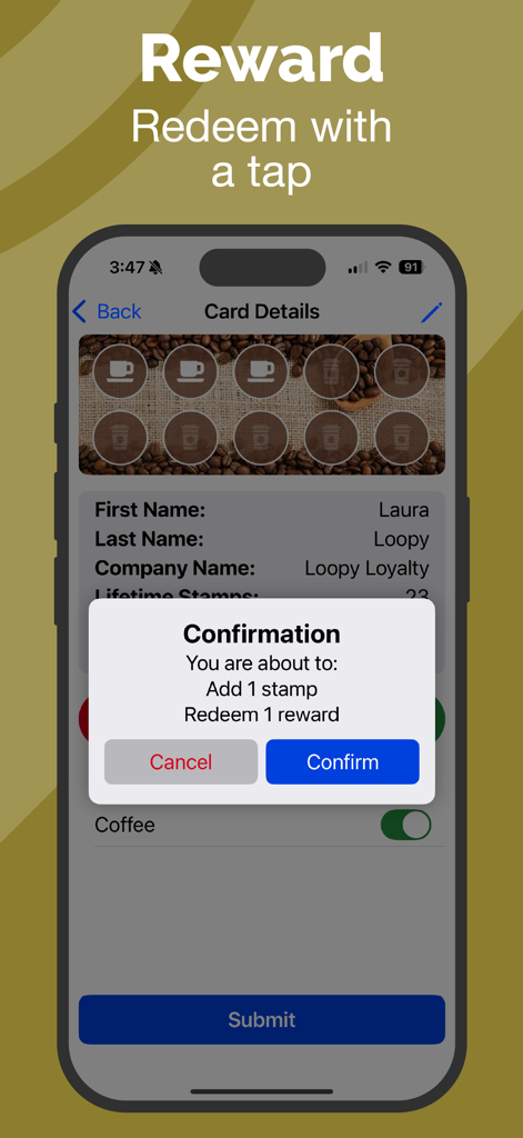 Loopy Loyalty app confirmation screen to add a stamp and redeem a reward on a digital card.