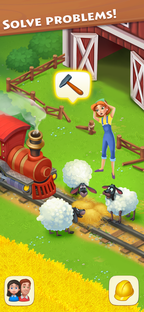 Township game screenshot showing a character needing a hammer to solve a problem involving a train and sheep on a farm