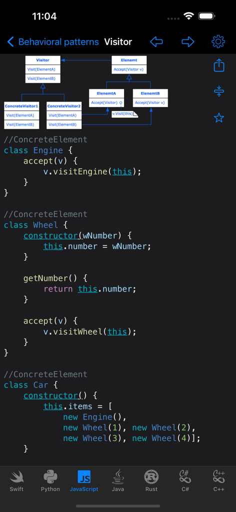 Code Recipes Pro - A code snippet and UML diagram for the Visitor behavioral pattern in JavaScript within the Code Recipes Pro app.