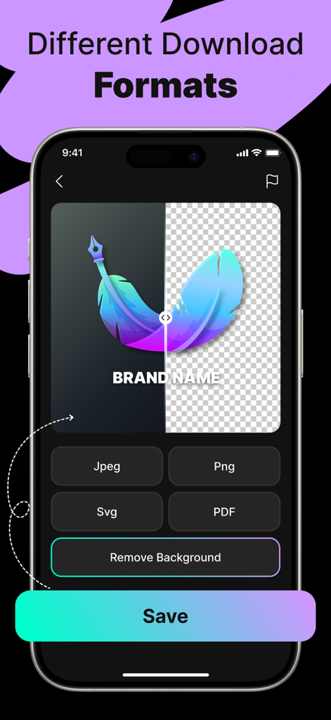 Logo Maker - AI Art Design - Pantalla de la aplicación móvil que muestra varios formatos de descarga de logos incluyendo JPEG PNG SVG y PDF con una herramienta de eliminación de fondo