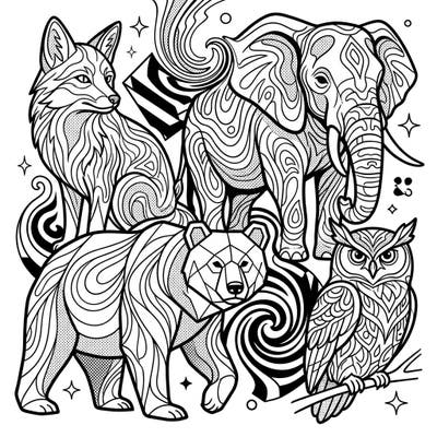 Experience a burst of creativity with this unique coloring page, blending majestic animals with a vibrant Pop Art aesthetic. Explore swirling psychedelic patterns that transform a fox, elephant, bear, and owl into a truly trippy masterpiece.