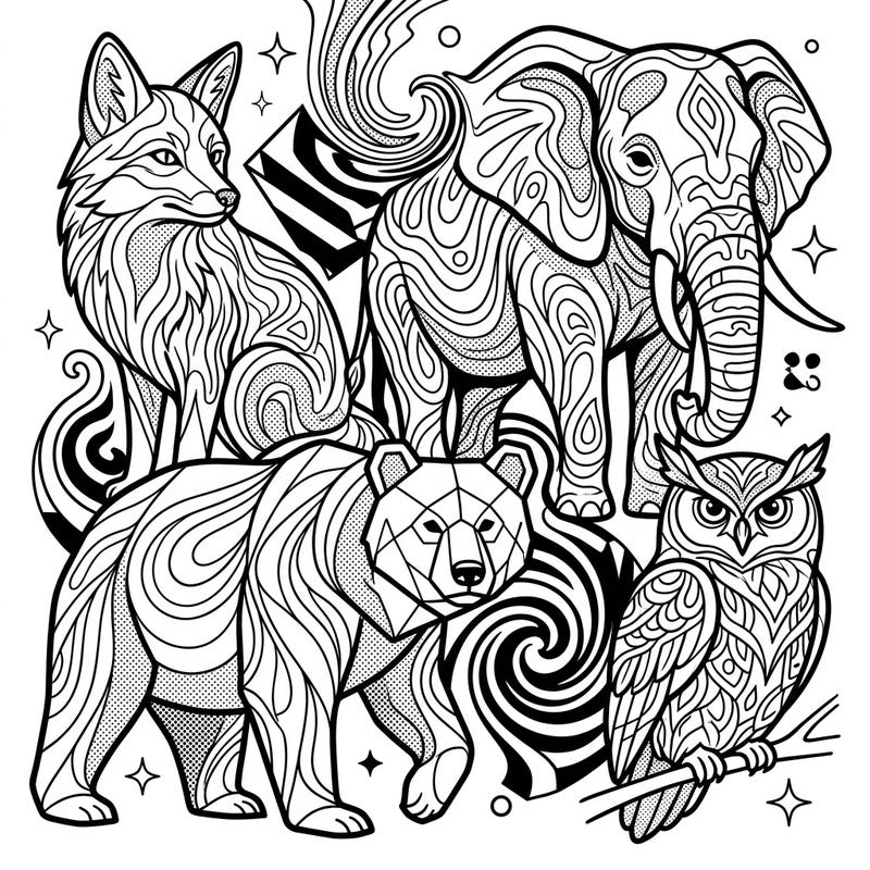 Experience a burst of creativity with this unique coloring page, blending majestic animals with a vibrant Pop Art aesthetic. Explore swirling psychedelic patterns that transform a fox, elephant, bear, and owl into a truly trippy masterpiece.