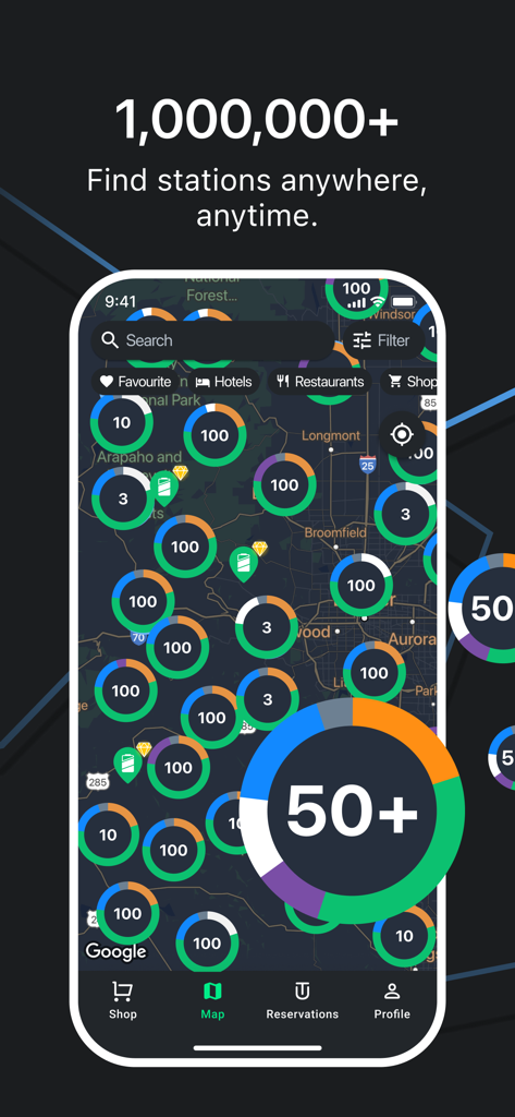 Map view of the GO TO-U app showing a global network of over one million EV charging stations.