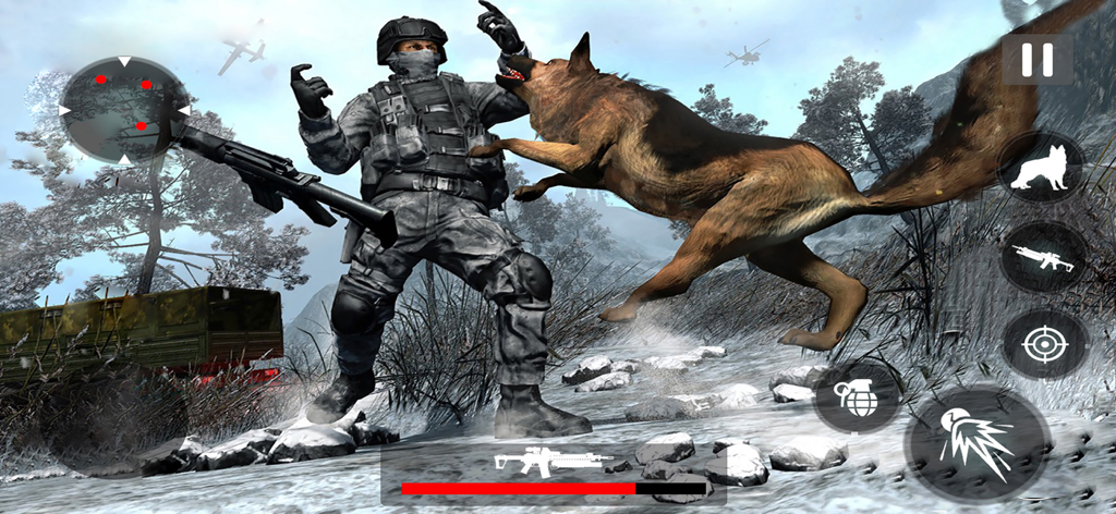A soldier in gray military gear defending against an attacking German Shepherd in a snowy landscape.
