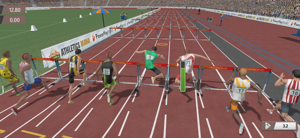 A group of track athletes jumping over hurdles during a race in the Athletics Mania mobile game.
