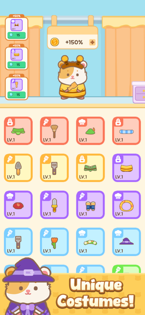 Ham's Kitchen : Cute Food Game - Interface de jogo de Cozinha do Hamster mostrando um hamster fofo em uma fantasia de abelha e uma seleção de fantasias exclusivas
