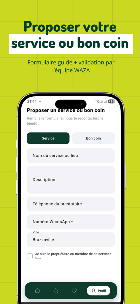 Waza app - Formulario en la aplicación Waza para sugerir un nuevo servicio o lugar local.