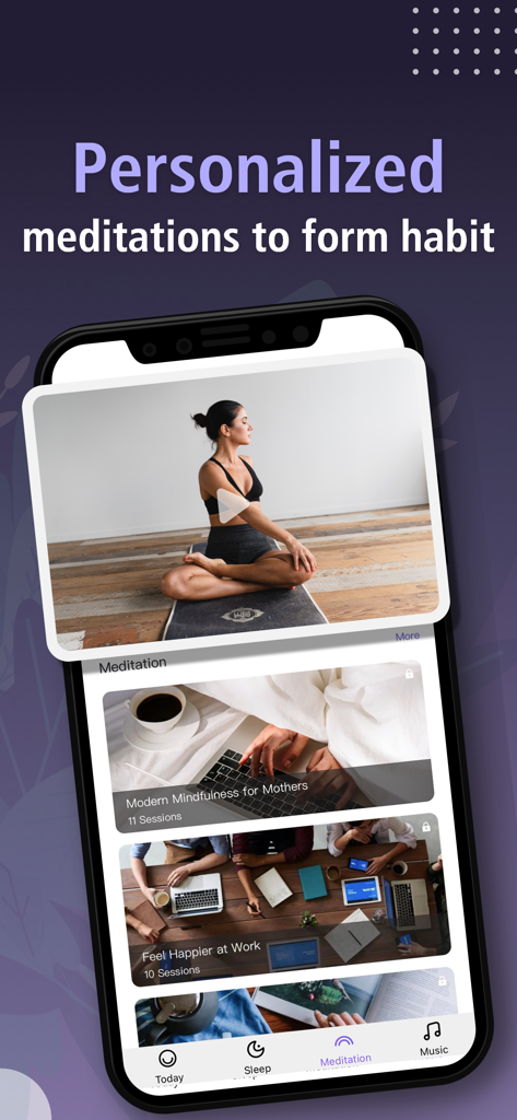 Smartphone screen showing personalized meditation programs for work and mothers