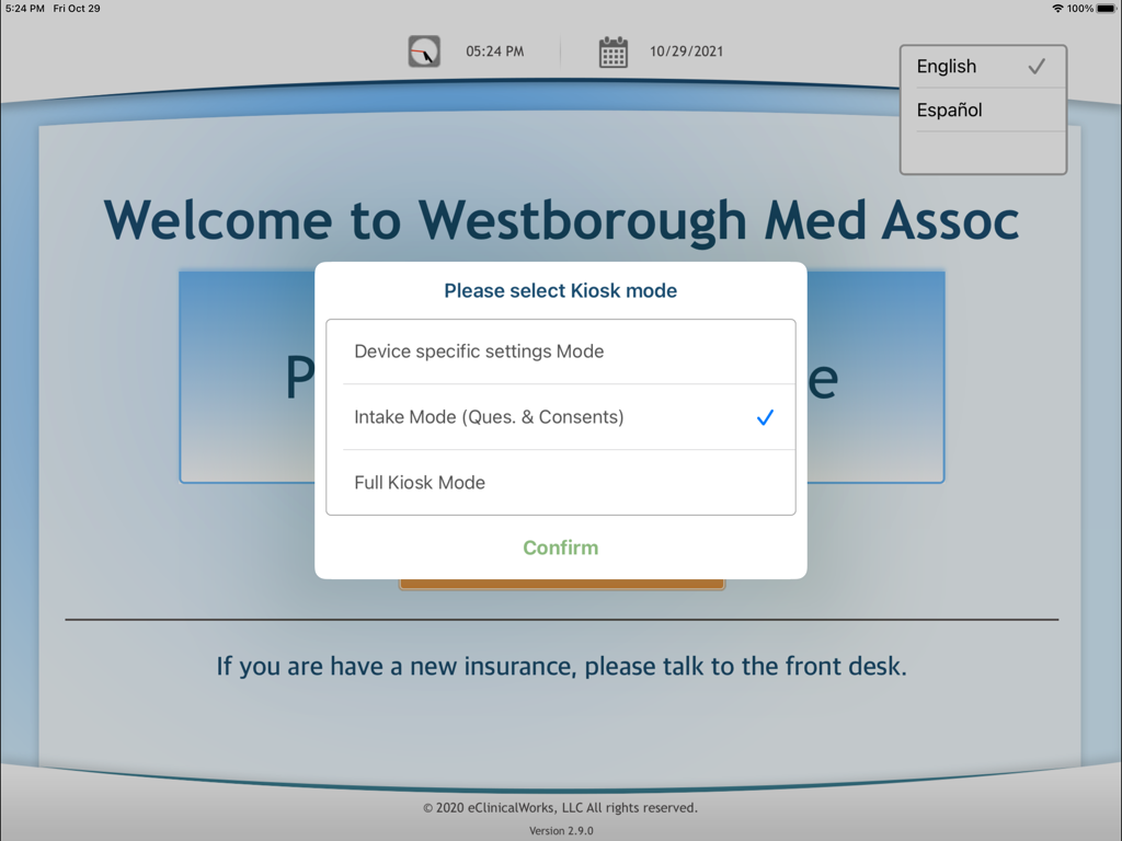 eClinicalWorks Kiosk - iPad screen showing the mode selection popup for eClinicalWorks Kiosk with Intake Mode selected