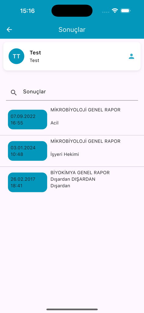 Interface do aplicativo móvel Datalab mostrando uma lista de resultados de exames de microbiologia e bioquímica para um usuário.