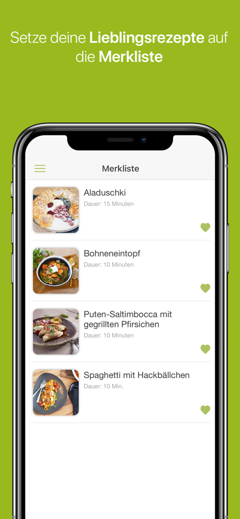 Kochen mit AMC - Ein mobiler Bildschirm zeigt eine Beobachtungsliste von bevorzugten Rezepten wie Bohneneintopf und Spaghetti in der Kochen mit AMC App.