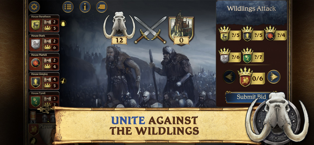왕좌의 게임 보드 게임의 야만인 공격 단계에 대한 전략적 입찰 화면