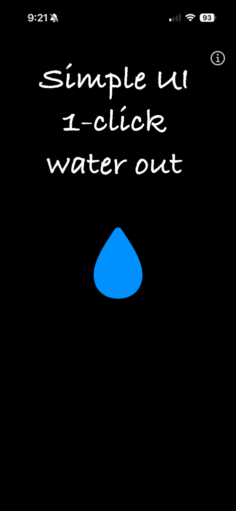 Minimalist interface of the Water Out app featuring a blue water droplet icon and one click water ejection text
