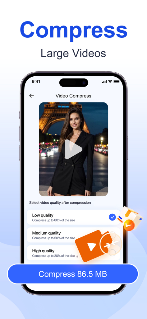 Turbo Cleaner: Clean Storage - Turbo Cleaner app interface showing video compression options to save iPhone storage space.