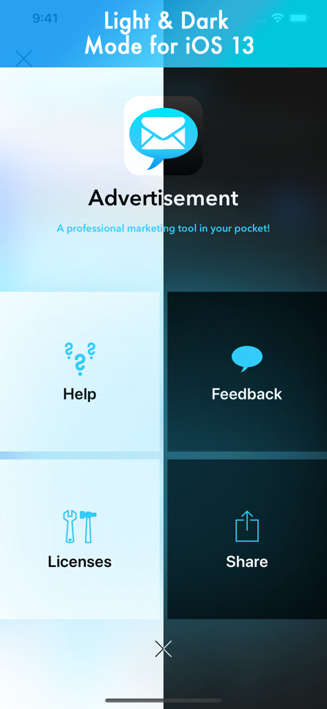 ライトモードとダークモードのスタイルを表示するAdvertisementマーケティングアプリのインターフェース