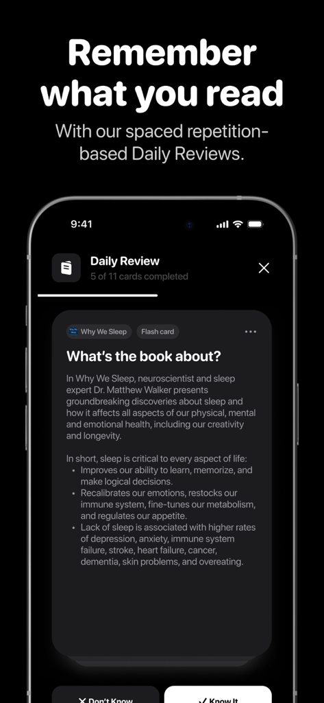 Interface do aplicativo Bookshelf mostrando um flashcard de revisão diária para retenção de memória através de repetição espaçada