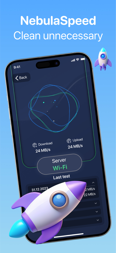 NebulaSpeed - Stellar Cleanup - NebulaSpeed app interface on an iPhone showing network download and upload speed results with a 3D rocket graphic