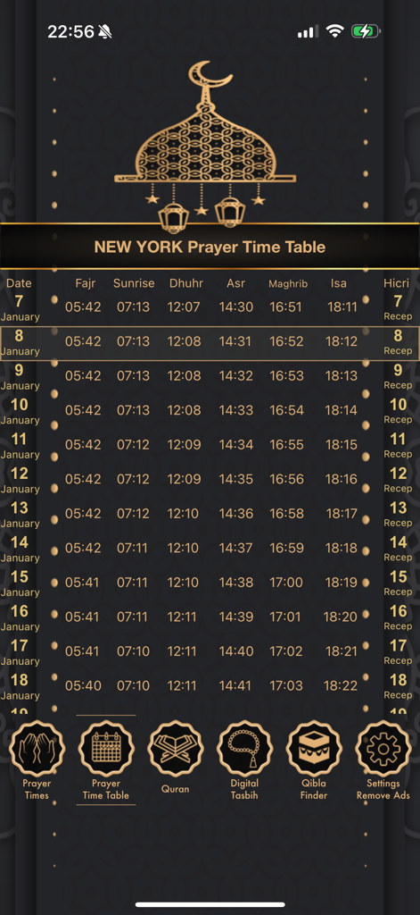 Monthly prayer time table for New York displaying daily Fajr Sunrise Dhuhr Asr Maghrib and Isa schedules