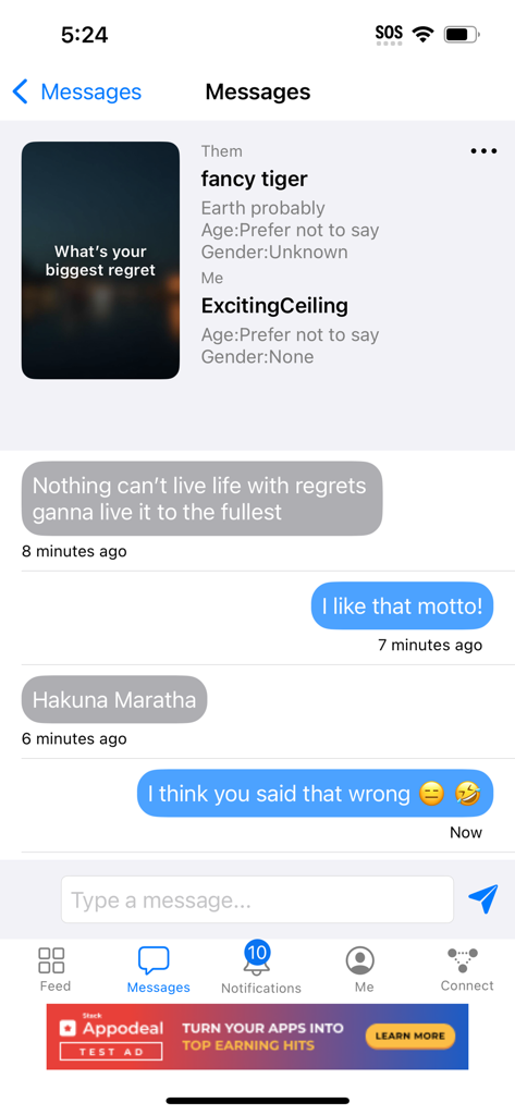 Whisper Secrets - Anonymous chat interface in the Whisper Secrets app showing a messaging thread between two users with unique nicknames.