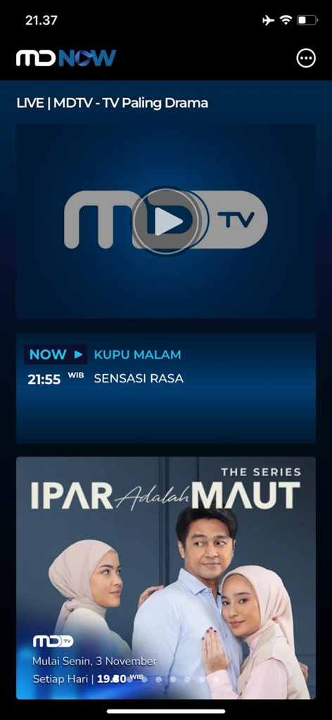 MD NOW - LiveTV - The MD NOW app interface displaying live Indonesian TV channels and featured drama series like Ipar Adalah Maut