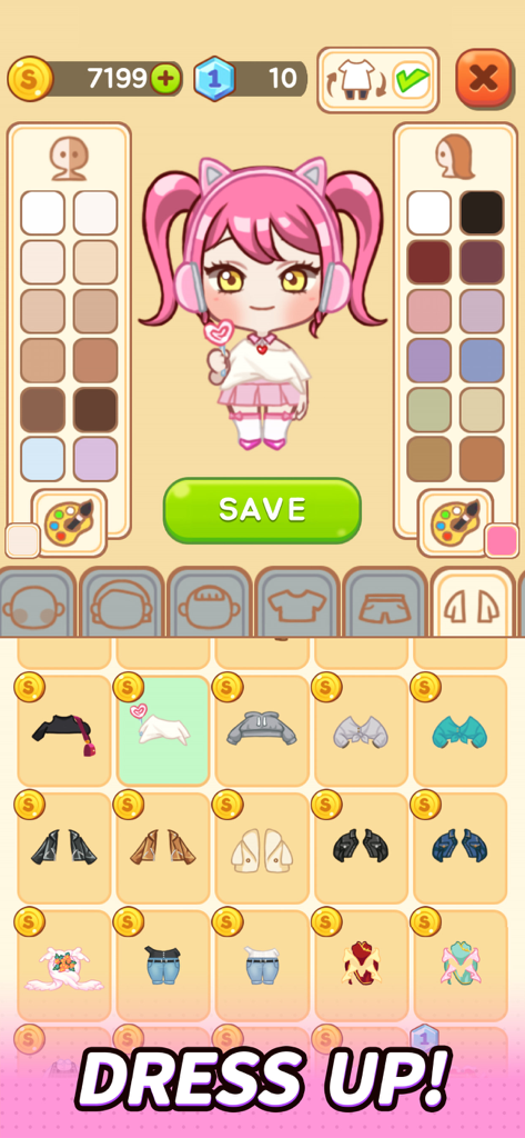 Idol Manager : Dress Up Game - ピンクの髪の毛のアバターと様々な衣類や色のオプションを備えた、Idol Manager ドレスアップゲームのキャラクターカスタマイズ画面。