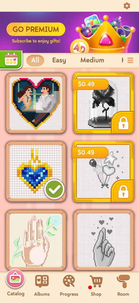 Craft Cross Stitch: Pixel Art - A collection of pixel art cross stitch patterns in the app catalog including a romantic heart and floral designs